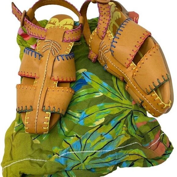 FARM Rio Sz 8 Whipstitch Palm Tree Caramel Sandal Vegan Boho Tropical NWOB - Picture 9 of 10